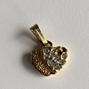 Vintage Double Heart Pendant White Rhinestones Gold Tone